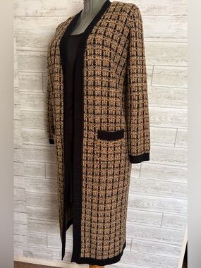 Karl Lagerfeld Tan and Black Long Open-Front Trench Coatigan